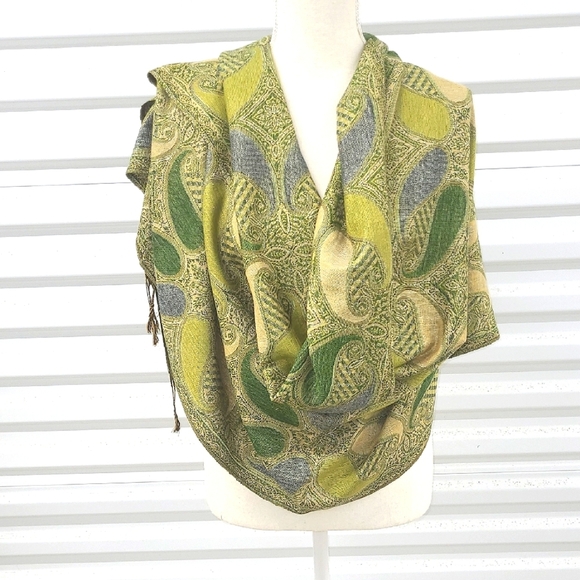 Scarf Cashmere Silk Italian Green Pastel Purple Beige Paisley Fringe Old Money - Picture 1 of 10